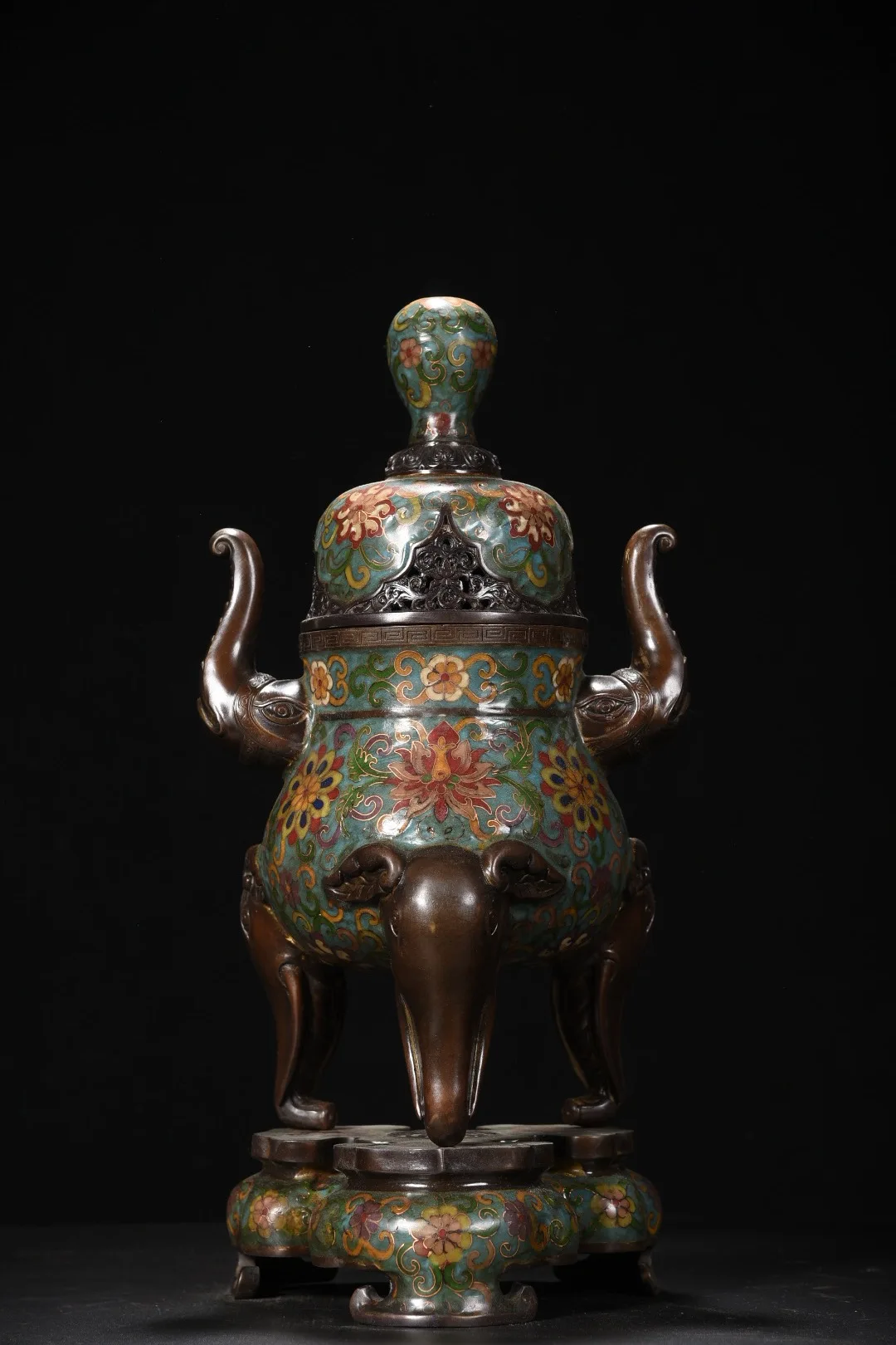 

16"Tibetan Temple Collection Old Bronze Cloisonn Enamel Elephant trunk Ear Elephant Head Three Legged Incense Burner Base