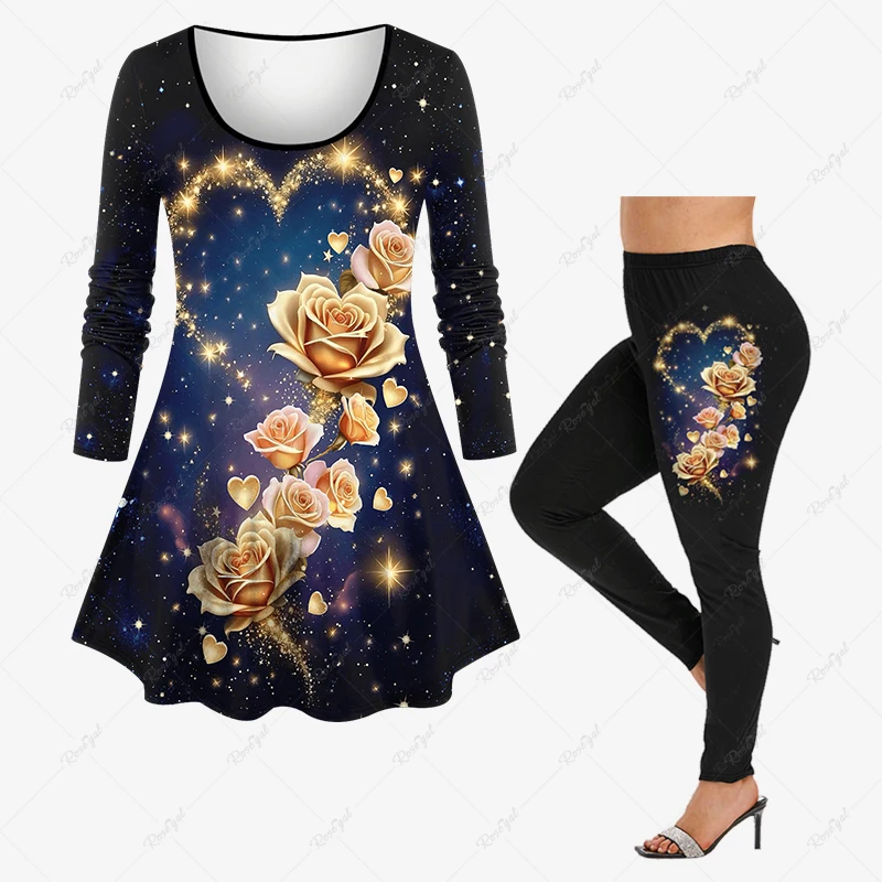 Valentine\'s Day Long Sleeves T-shirt Or Leggings Matching Set 3D Rose Flower Galaxy Rhinestone Heart Glitter Sequin Print