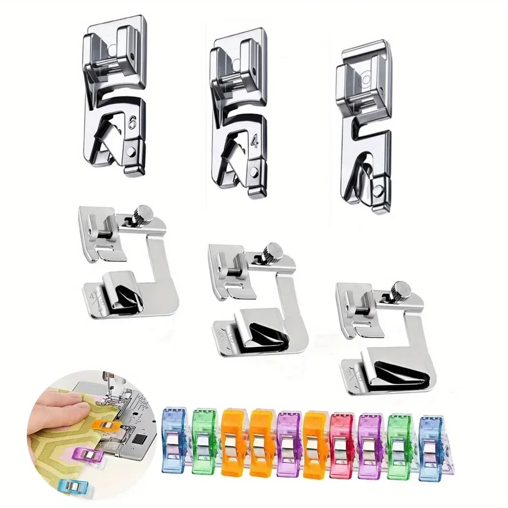 Schmaler/breiter Nähfuß mit gerolltem Saum, Säumfuß-Set mit Nähclips, 4/8'', 6/8'', 8/8'' Nähen, gerollter Saum, Nähfuß