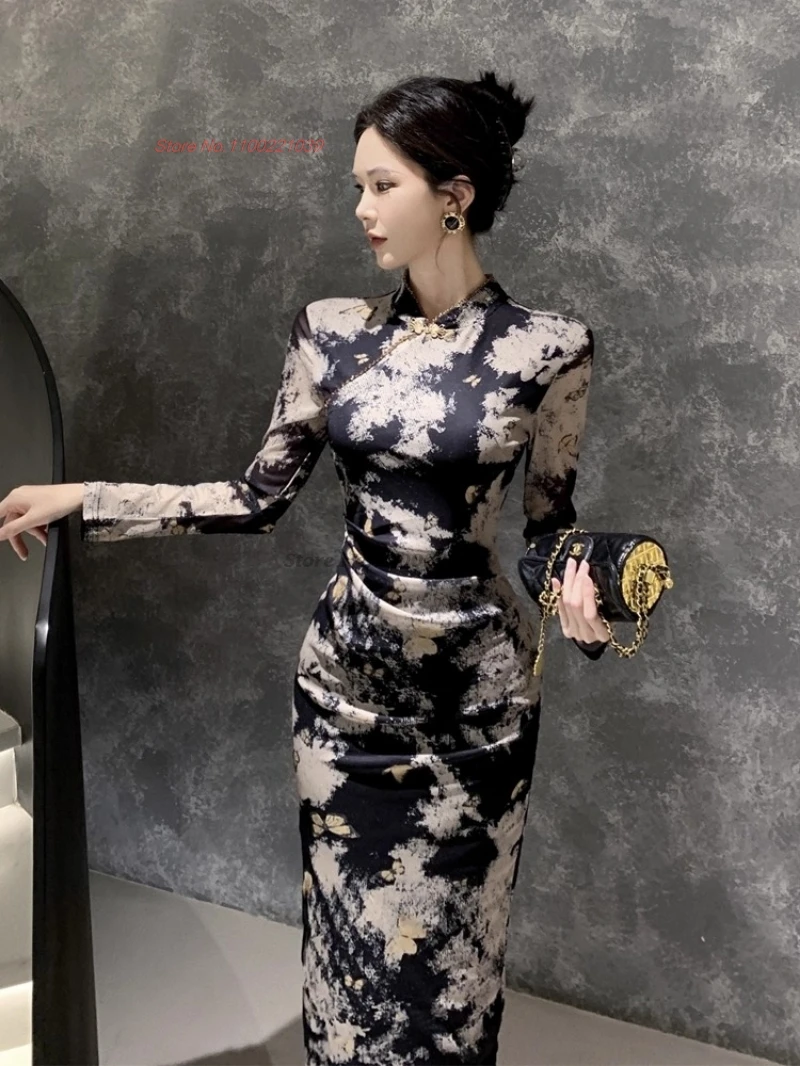 

2026 chinese vintage dress sexy cheongsam traditional flower print mesh qipao evening dress nightclub qipao folk dress vestido