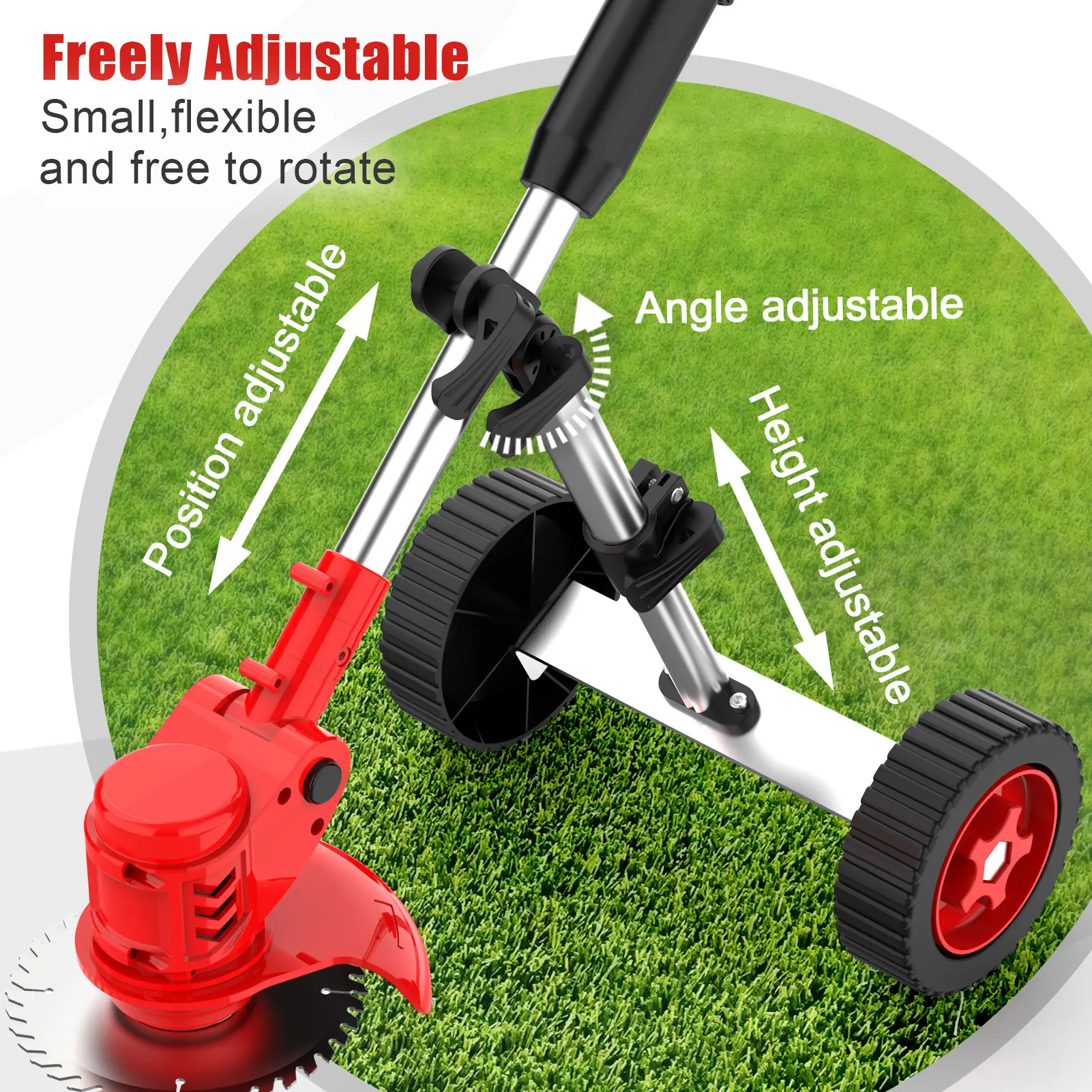 Universal Metal Wheels for String Trimmer Grass Eater Weed wacker Adjustable Height and Angle for tube 26mm(1 inch) 30mm(1.2”)