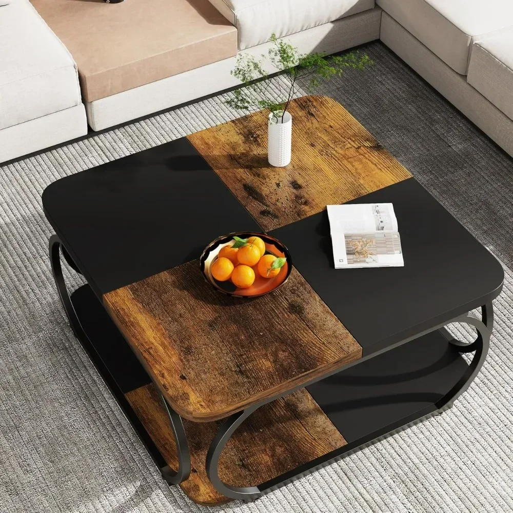 Mesa de centro, mesa de centro baja de granja con estante de almacenamiento de madera, mesa de centro con estructura curva de metal resistente, mesas de café