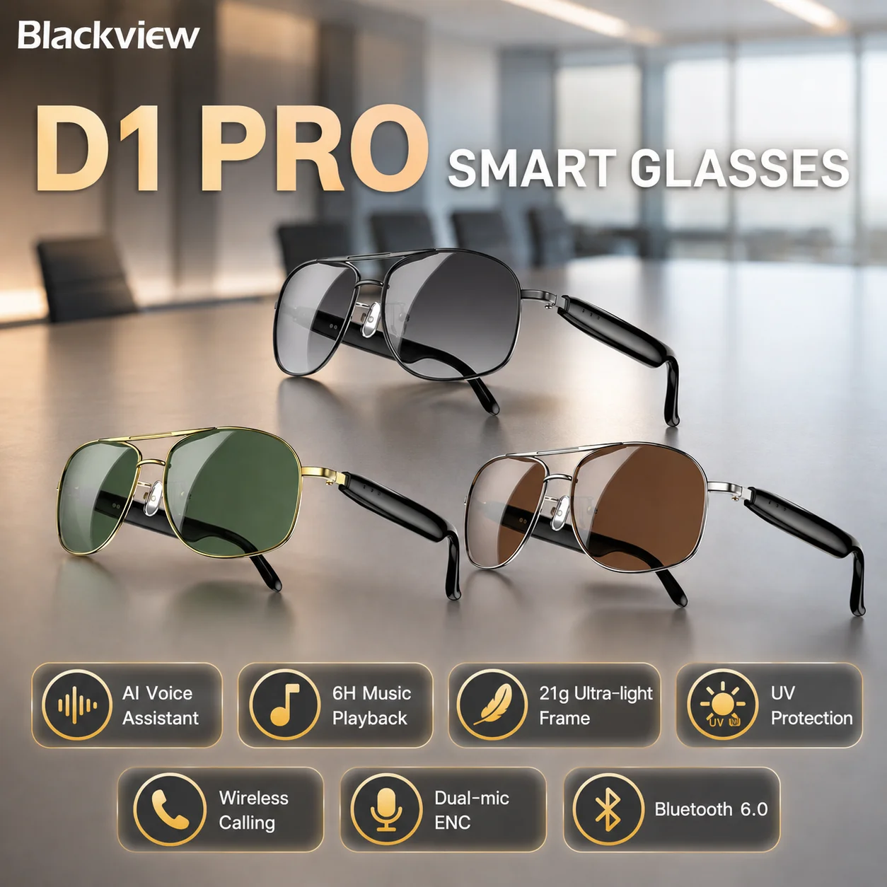 2026年新型BlackviewスマートグラスD1 PRO AI翻訳ワイヤレス通話音声、音楽プレーヤーオープンサウンドサングラス(男女兼用)