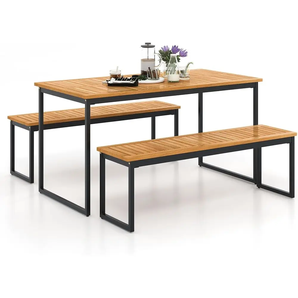 

Обеденный комплект для улицы на 6 персон с прямоугольным столом из акации 55 см, металлическими скамейками и отверстием для зонта