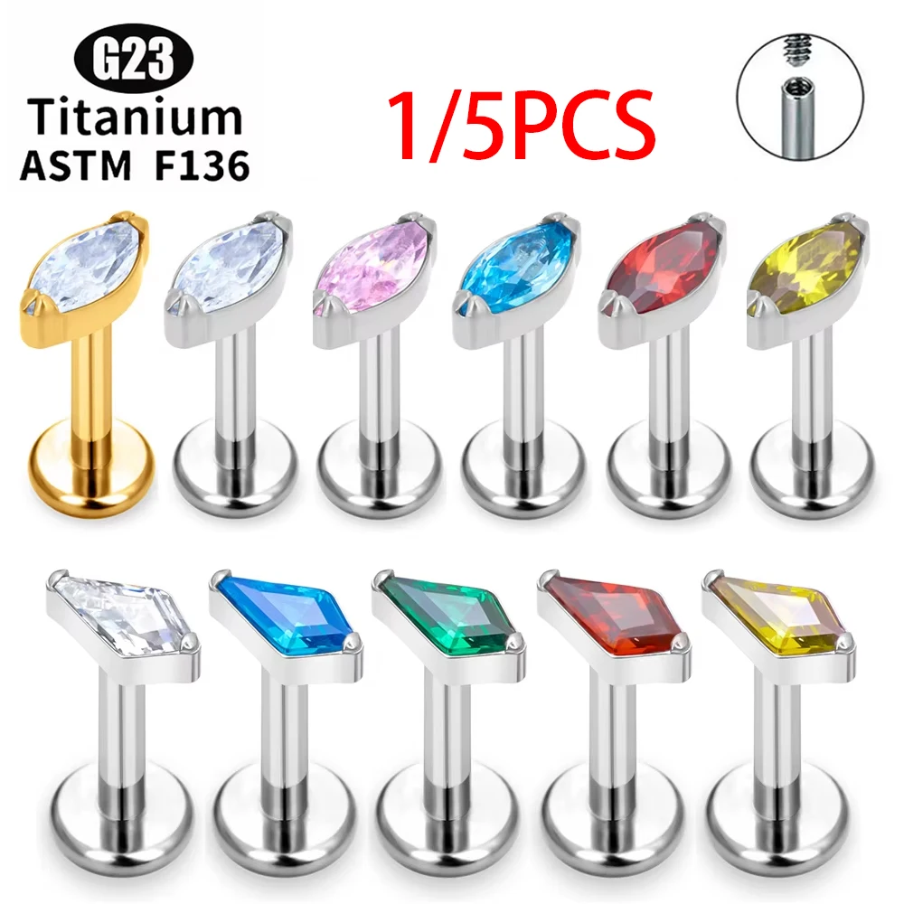1/5Pcs G23 Titanium Pierc Lip Stud 16G Horse Eye Zircon Paved Top Labret Ear Cartilage Tragus Helix Piercing Studs Body Jewelry