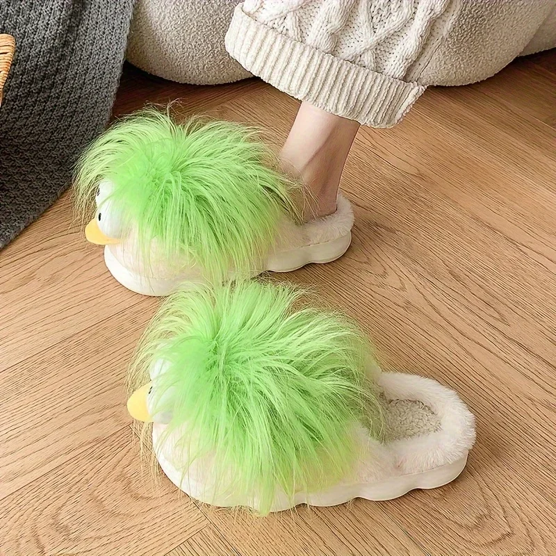 ZUOFU Unisex Lustige Grüne Vogel-Plüsch-Hausschuhe für Herbst und Winter, Rutschfeste EVA-Sohle, Flauschig Warm, Offene Zehenpartie – Detail 2