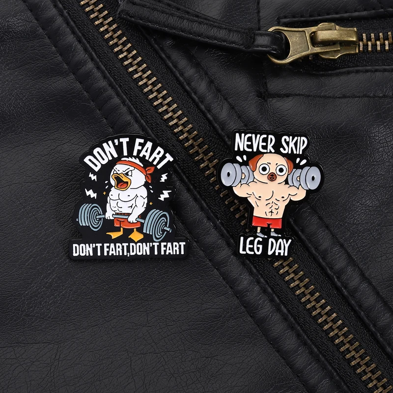 Pin de pato de perro de Humor de gimnasio, broche NEVER SKIP LEG DAY, accesorio de meme de Fitness para amantes del entrenamiento, uso diario, estilo de broma divertida
