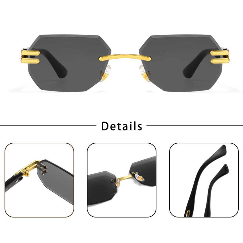 CATERSIDE Retro Randlose Sonnenbrille für Herren, polygonaler Metallrahmen, hochwertige Damen-Sonnenbrille, Outdoor-Reisegeschenk, Sommer-Stil – Detail 3