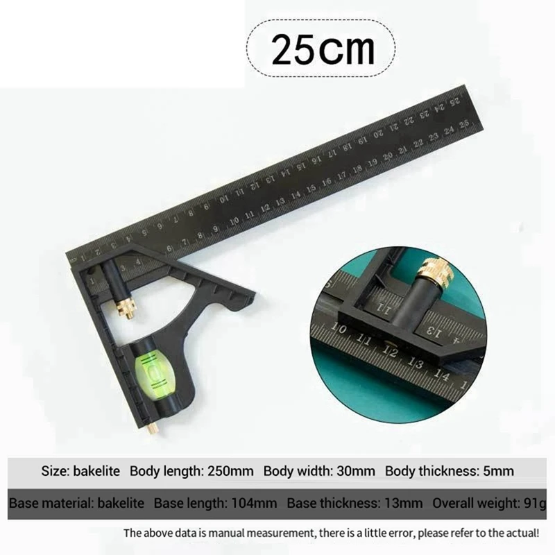 Wielofunkcyjna kombinowana linijka kwadratowa 250 mm Ruchome narzędzie pomiarowe o kącie prostym 45 stopni Łatwe w użyciu