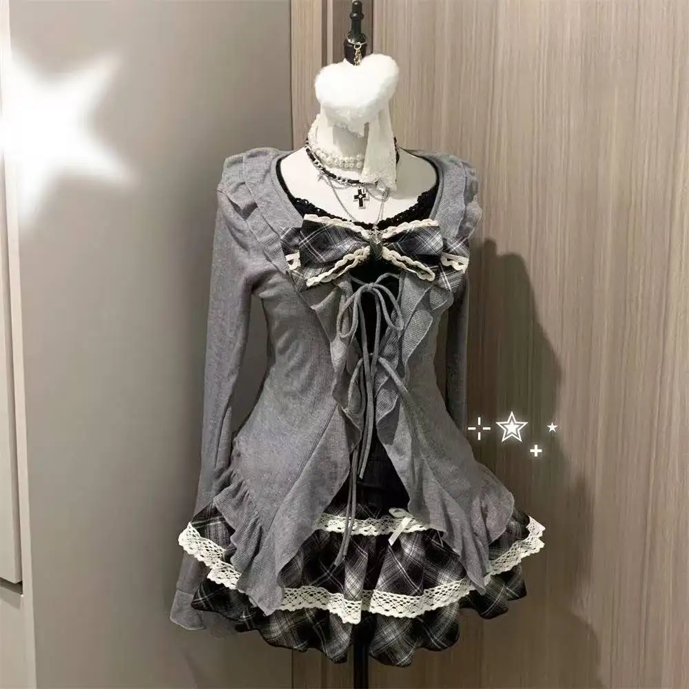 Sweet Japanese Harajuku Lolita 3 Piece Outfit Kawaii Short Cardigan Slim Vest Puff Cake Skirt Casual Suit For Trendy Young Girls