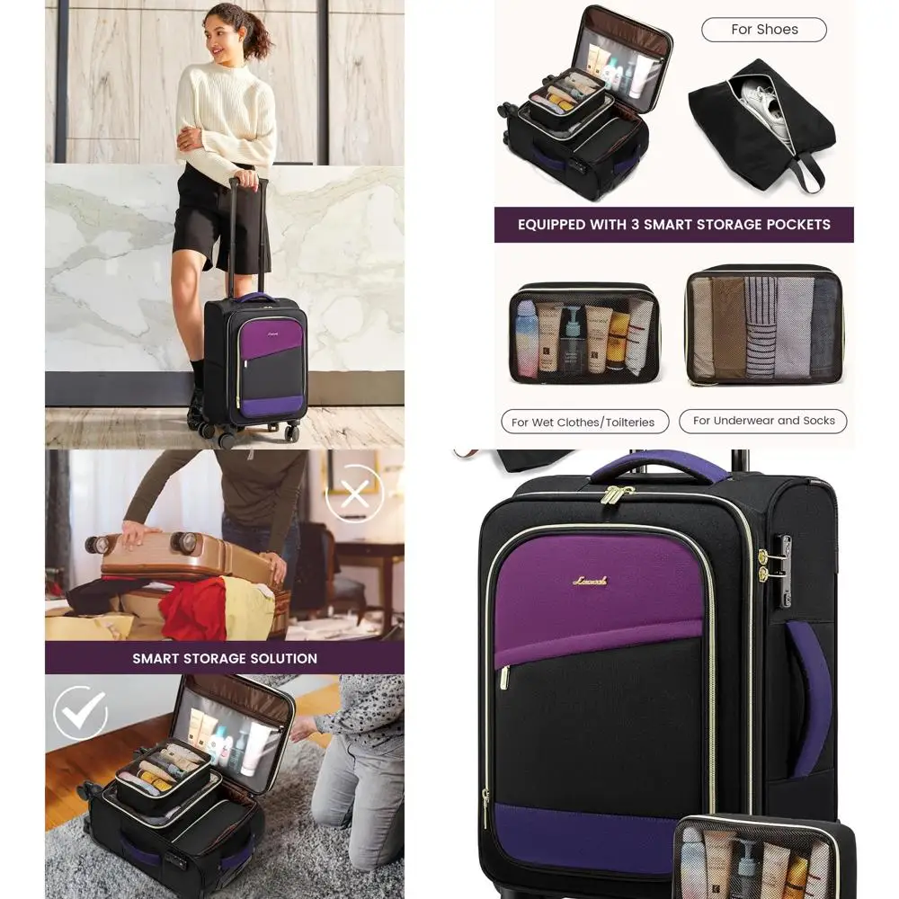 Conjunto de bagagem softside aprovada de 4 peças 22x14x9 polegadas com rodas e trava TSA para viagens de fim de semana