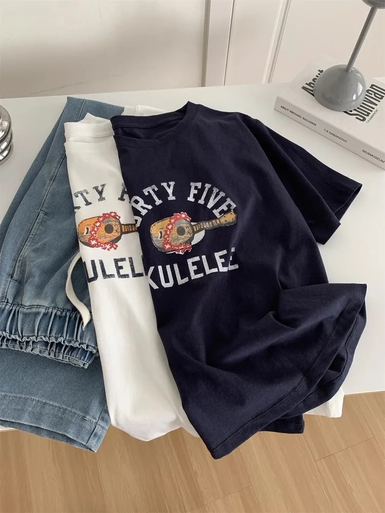 가볍고 통기성 좋은 여름 티셔츠 여성용 한국 스타일 레트로 기타 레터 프린트 오르트 스노우플레이크 코튼 탑