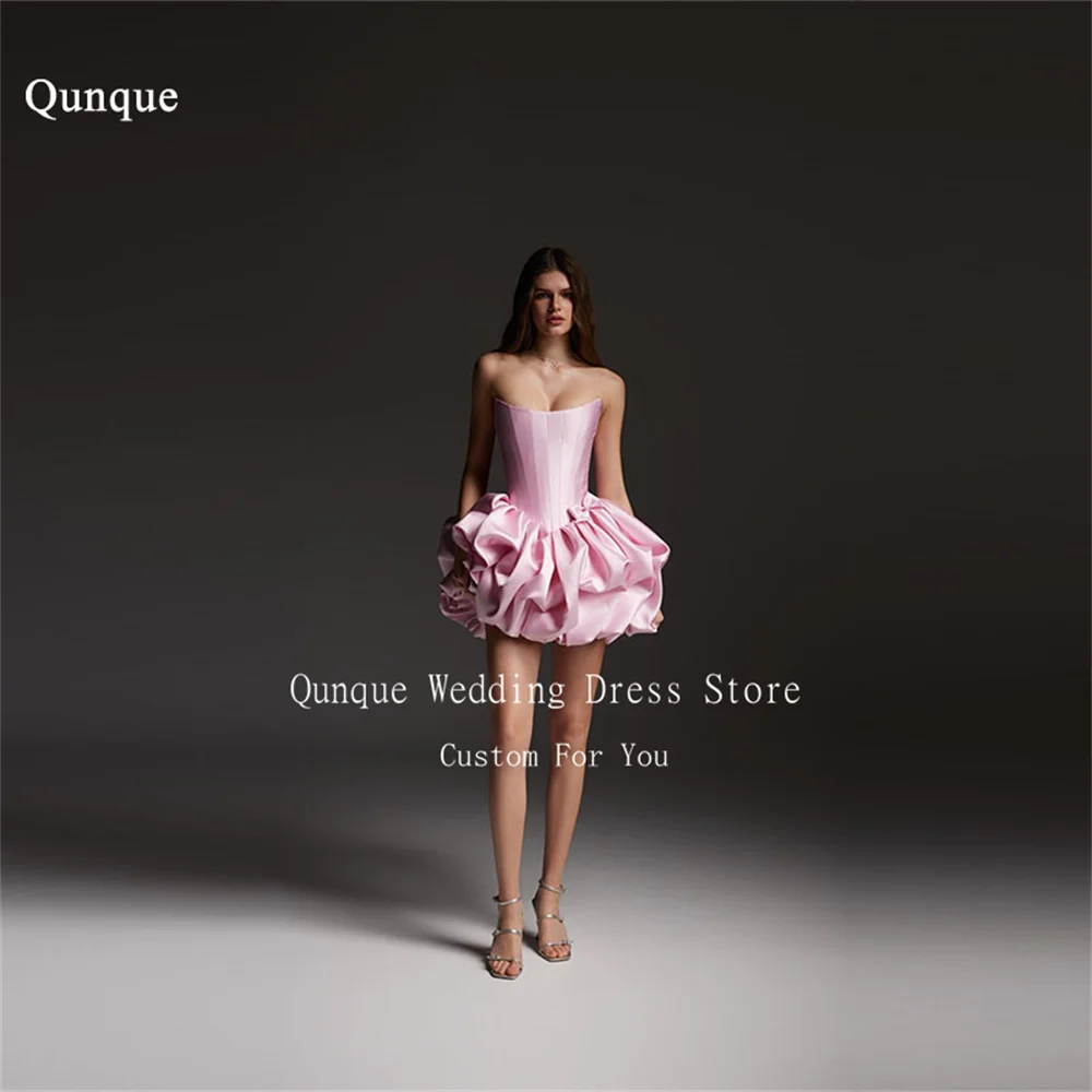 

Qunque Pink Short Prom Dresses Strapless Simple Backless Vestidos De Fiesta Elegantes Mini Sleeveless A Line Dress Customized