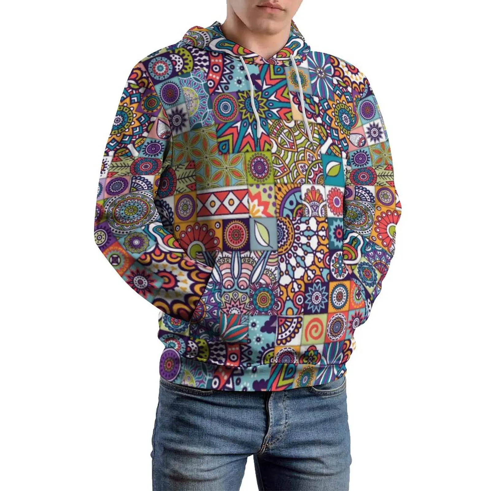 

Mandala Pattern Loose Hoodies Sacred Geometry Print Ethnic Retro Hoodie Men Long Sleeve Oversize Street Wear Hooded Sweatshirts