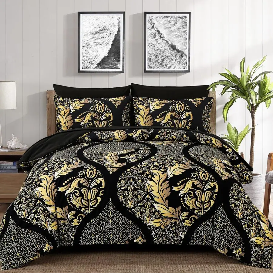 

Black Gold Comforter Set King Size, 7 Pieces Bohemian Damask Comforter Set Soft Lightweight Microfiber Bedding Set for All Seaso