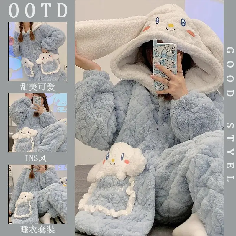 2Pcs Sanrioed Cinnamoroll Plush Pajama Winter Women's Three-Layer Quilted Velvet Thickened Flannel Cartoon Hooded Home Clothes