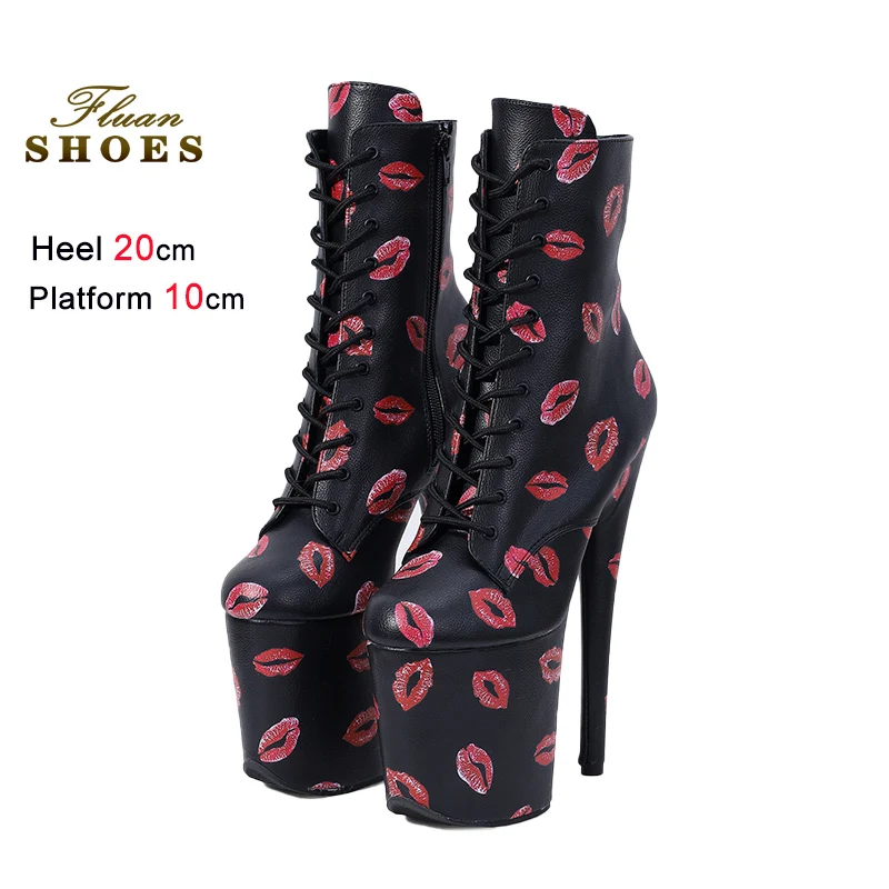 

20CM Thin Heels Black Print Short Booties 2026 Nightclub Queen Fashion Ankle Boots 10CM Platform Europe and America Women Shoes