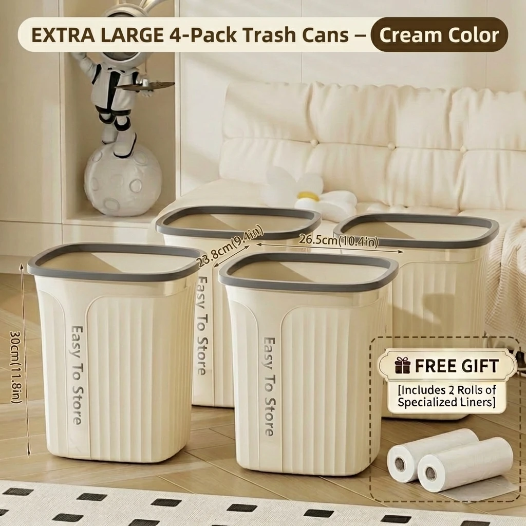 4 Pack Press Type Trash Can 3.5 Gallon & 5 Gallon Large Capacity Garbage Bin, Free 2 Rolls Thick Garbage Bags, Heavy Duty Waste Basket for Home Living Room Bathroom Study Dorm Office Outdoor Use