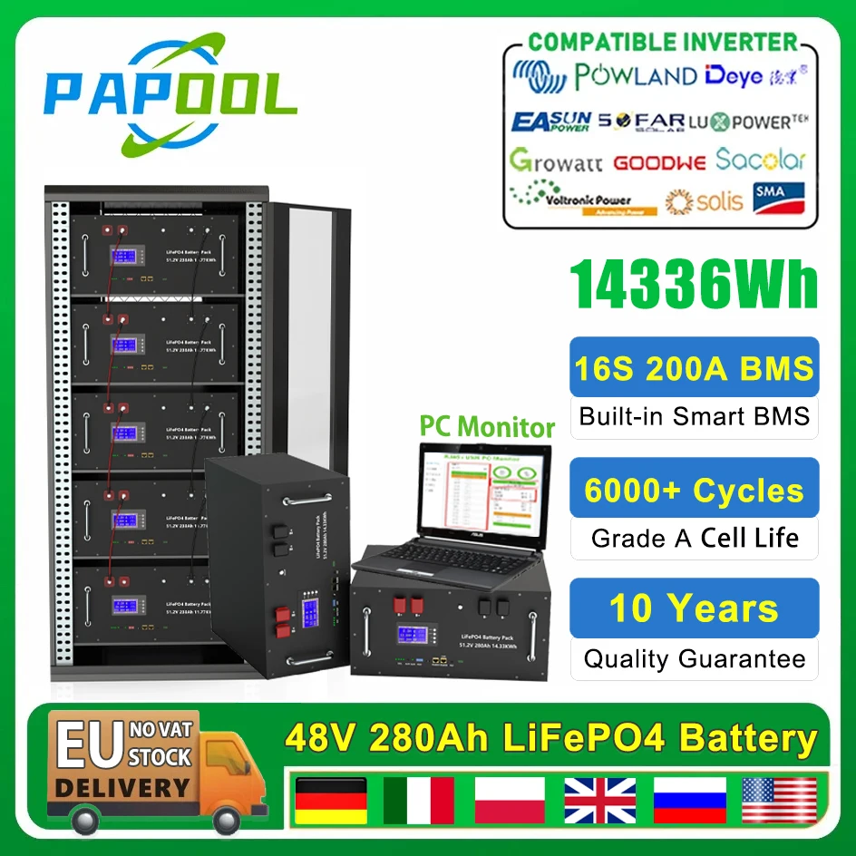 New 48V 280Ah LiFePO4 14Kwh Battery Pack 6000+ Cylcles 16S 51.2V 200Ah 300Ah RS485/CAN Off/On Grid Solar System 10Years Warranty