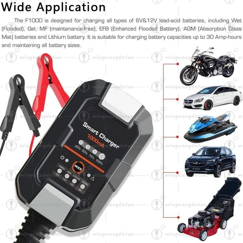 110V to 6V 12V Battery Charger 1000mA Intelligent Maintainer for Auto Motorcycle Scooter Lawn Mower Emergency Use