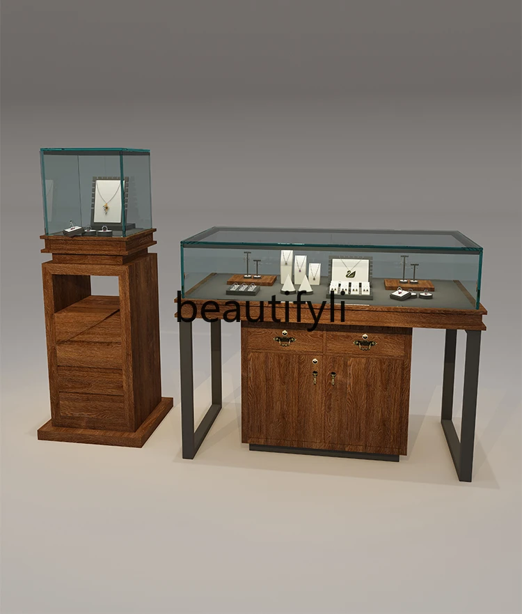 

Jewelry glass Zhongdao display cabinet retro solid wood paint cabinet high-end museum display cabinet customization