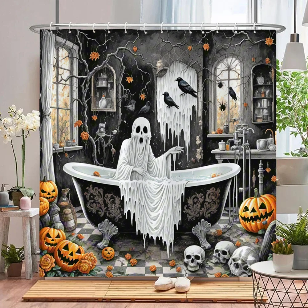 Halloween Spooky Ghost Bathtub Pumpkin Crow Print Shower Curtain Waterproof Polyester Fabric Bathroom Curtain With Hooks Quick D