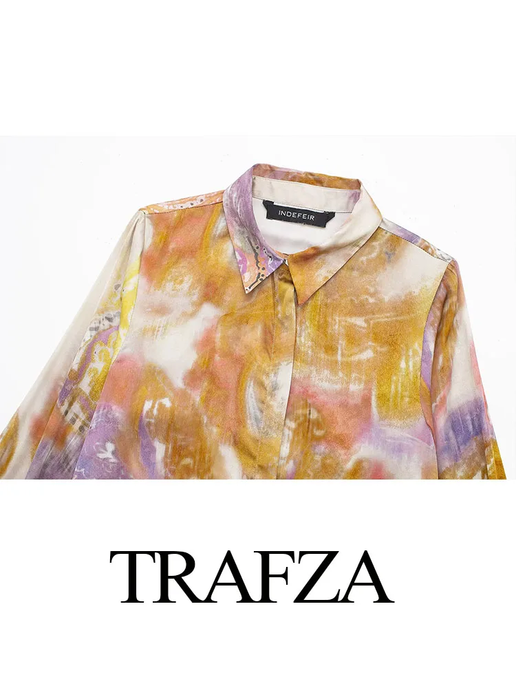 TRAFZA Women Summer Fashion Print Casual Shirt Summer Chic Lapel Single Breasted Women Long Sleeve Blouse Streetwear Mujer TRAF