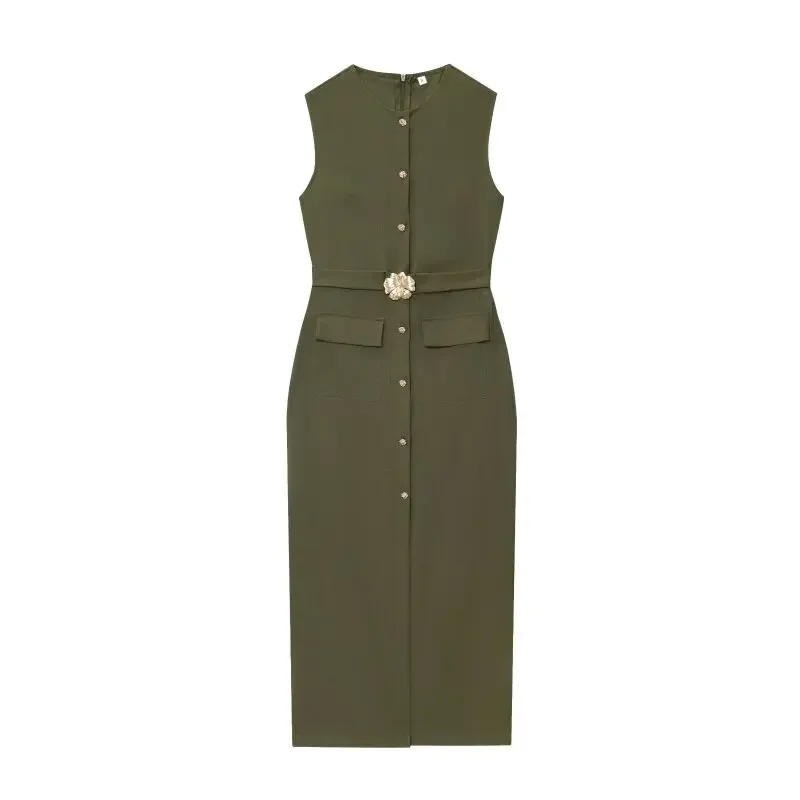 Flax Fashion French Belt Long Dress Summer Elegant Vest Dress Women Lady Sleeveless Streetwear Navy Green Slim Fit Dresses