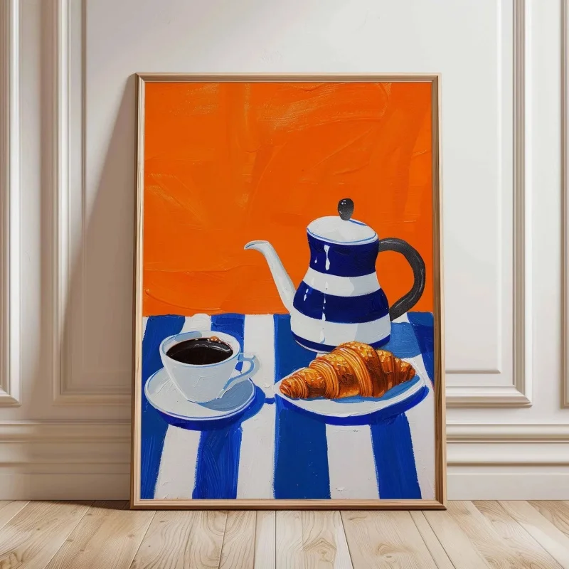 1pc frameless Canvas Painting Bold Breakfast Still Life Print, Coffee and Croissant Art, Orange Kitchen Wall Decor, Colourful Fo