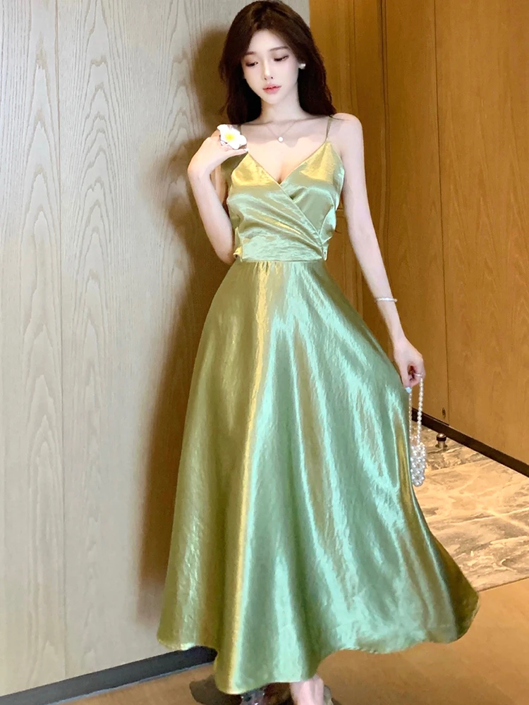 2025 الأخضر خلات الساتان الخامس الرقبة حبال فستان طويل المرأة شيك القوس عارية الذراعين فستان مثير الصيف الكورية أنيقة Bodycon فستان مناسبات #1