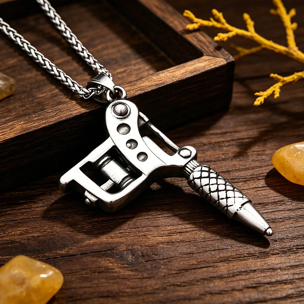 Stainless Steel Vintage Tattoo Gun Pendant Necklace Men Women Artisan Studio Collector Durable Jewelry Gift Dropshipping