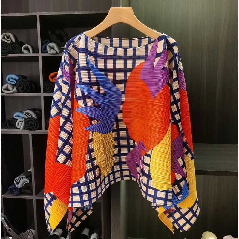 Miyake Pleated Colorful T-Skirt New Autumn Fashion Printed Casual Long Sleeve High Elastic Women's  Top Plus Size