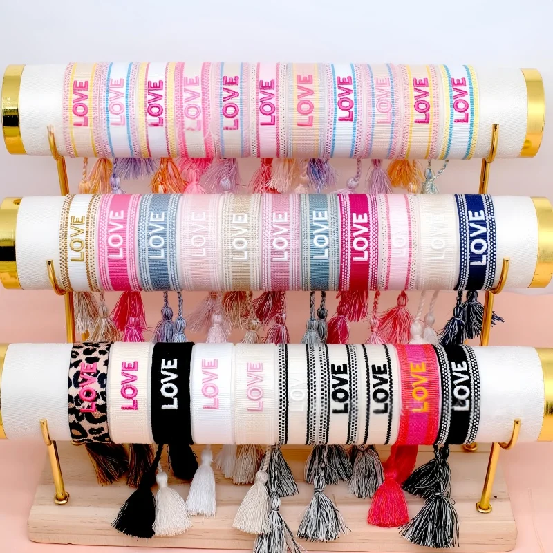 

Retro Embroidery Letters Webbing Wrist Band For Women Handmade Woven Flat Knot Tassel Bracelet Customize Logo Fashion Jewelry