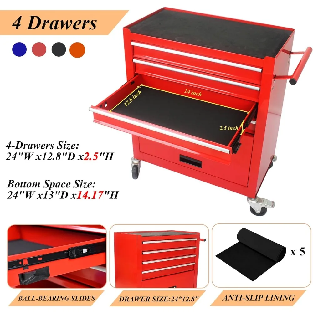 Multifunctional 4-Drawer Rolling Metal Tool Chest with Wheels for Garage, Workshop, and Repair Shop Use