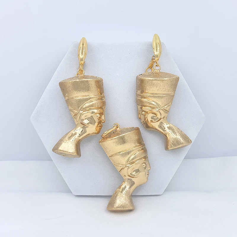 African Jewelry Sets Women Dubai Gold Plated Drop Earrings Pharaoh Pendant With Necklace For Party Engagement Bijoux