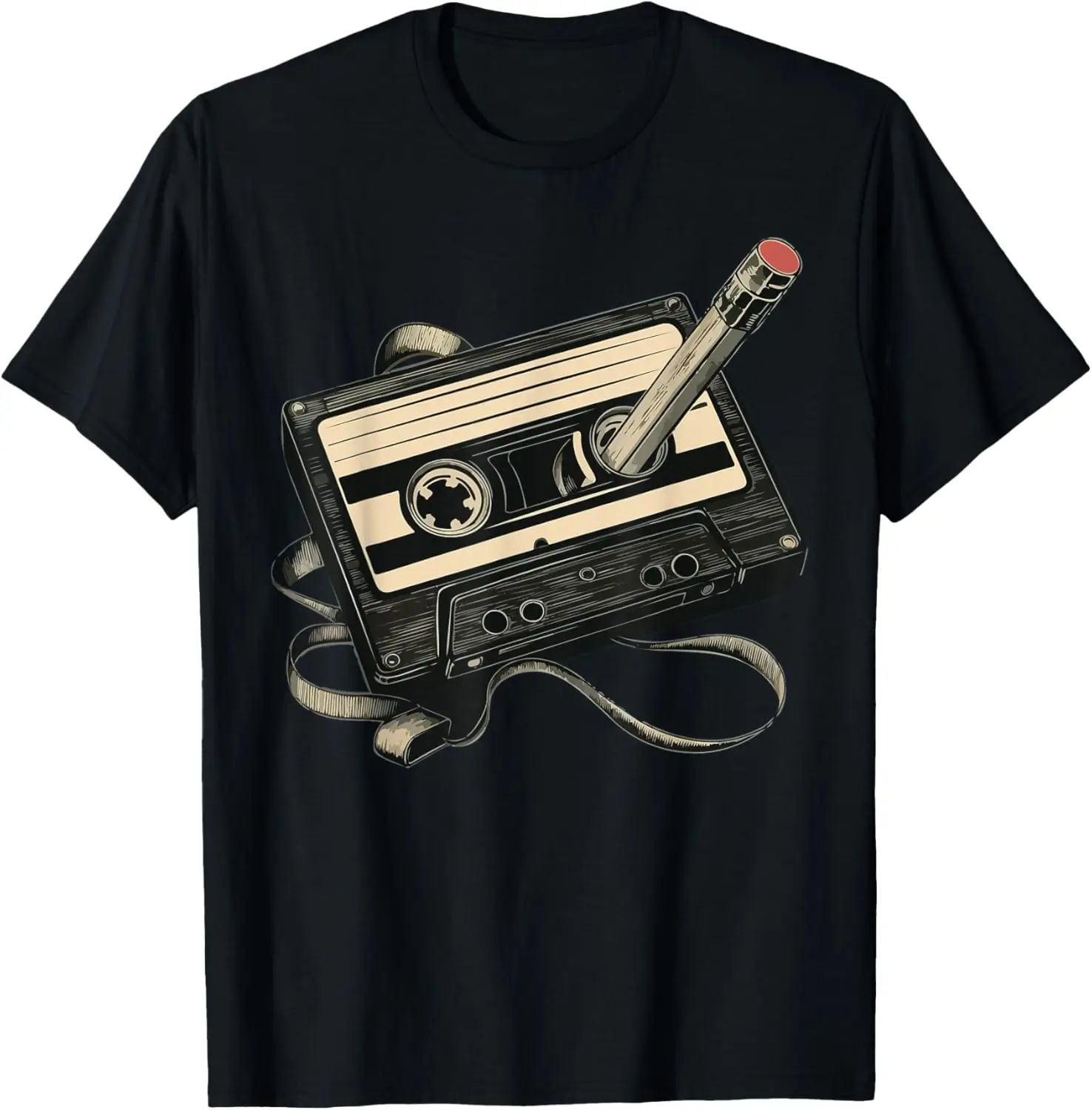 Retro Cassette Tape Rewind Pencil Graphic Tee Soft Cotton T-Shirt for Men Casual Streetwear