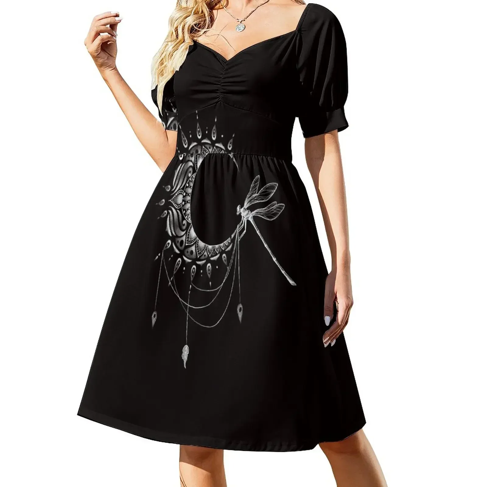 

Intricate Half Crescent Moon with Dragonfly Tattoo Design Sleeveless Dress luxury dress Party dresses clothes Dress