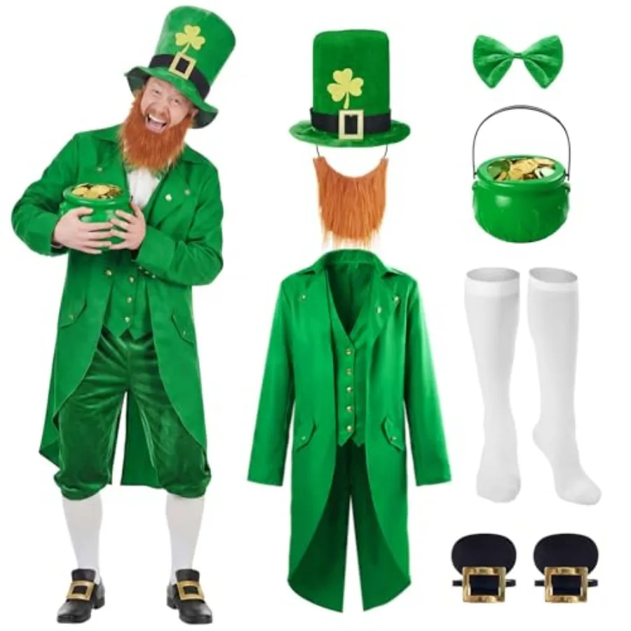 Disfraz de duende de 9 piezas para hombre adulto, conjunto para el Día de San Patricio, traje verde, sombrero, barba, pajarita, broche, calcetines, hebilla para zapatos, olla