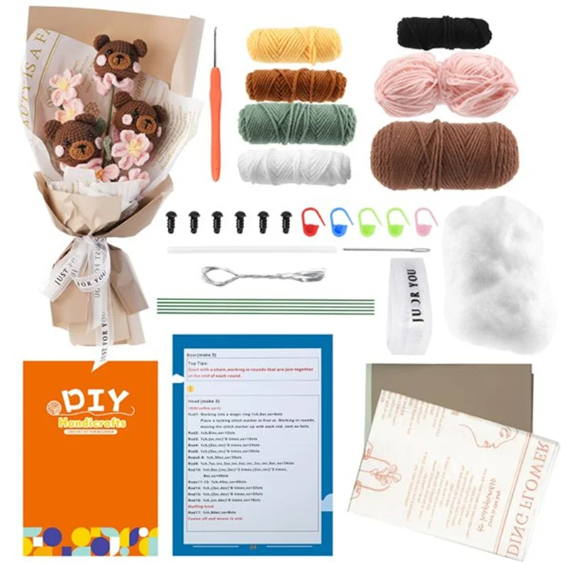 -AA95 Flower Bouquet Crochet Kit For Adults & Beginners Crochet Accessories & Step-By-Step Manual (Bear/ Style)