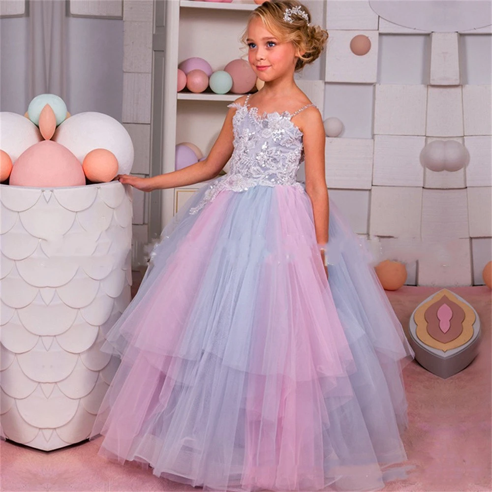 

Colored Tulle Lace Printing Flower Girl Dress Princess Ball Beauty Pageant First Communion Kids Surprise Birthday Present