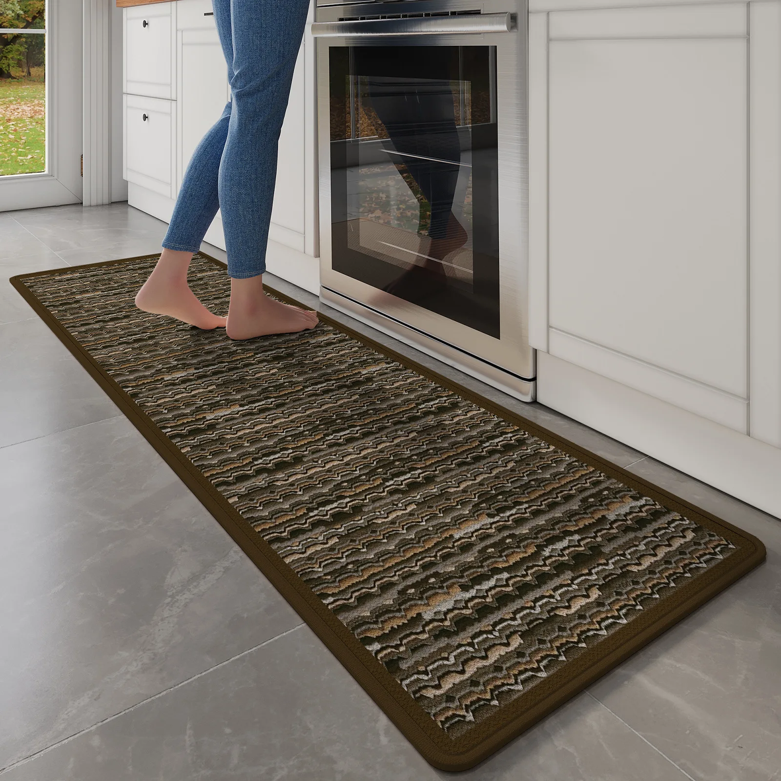Oil & Water Absorbent Kitchen Mat, Vintage Style Linen Weave Runner, Long Durable Stain Resistant Rug, Non-Slip Rubber Backing
