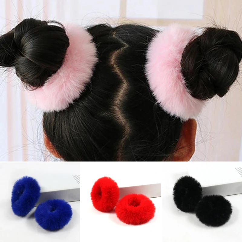 2Pc Charm Soft Hair Scrunchies Women Girl Ponytail Holder Furry Elastic Hair Band Fluffy Faux Fur Hair Tie Ring Accessory Decor