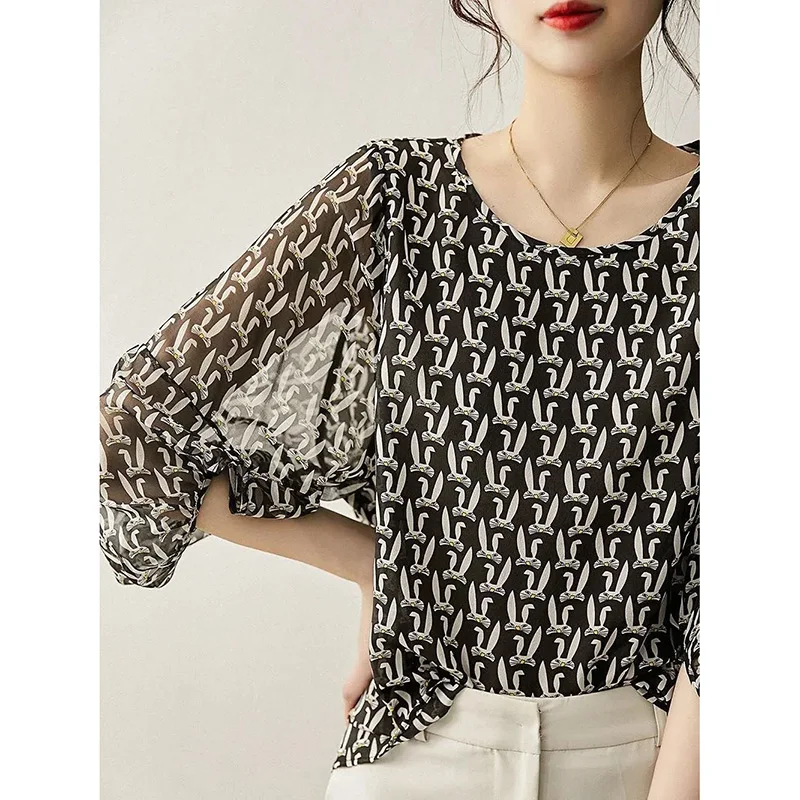 Fashion Printed Loose Folds Lantern Sleeve Blouse Women Clothing 2023 Summer New Casual Pullovers Office Lady Chiffon Shirt