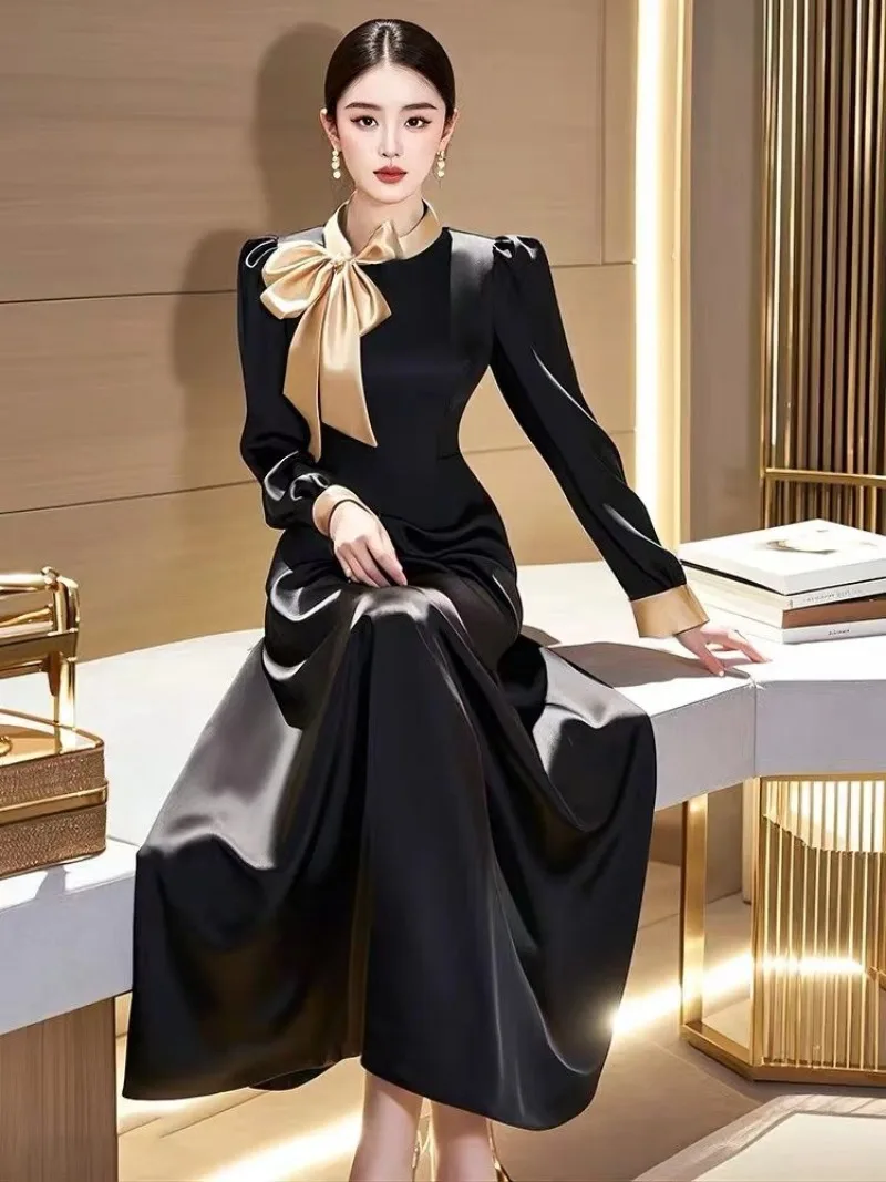 New French Fashion Autumn Dress Women High End Elegant Slim Satin Bow Small Fragrant Solid Color A-line Party Dress Vestidos