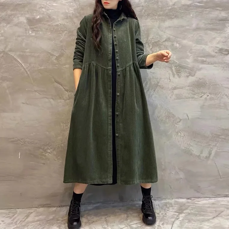 Retro Fleece Lined Corduroy Long Casual Coat Women's Winter Loose Fit Cotton Jacket Double Layer Collar Single Button Closure