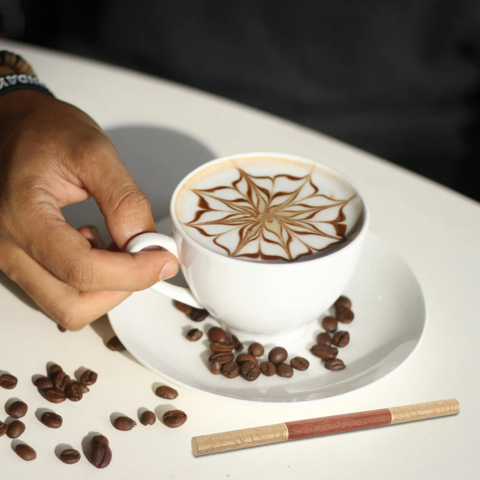Wooden Handle Stainless Steel Latte Art Needle for Coffee Drawing Carving and Stirring Milk Froth Espresso Powder Dispensing