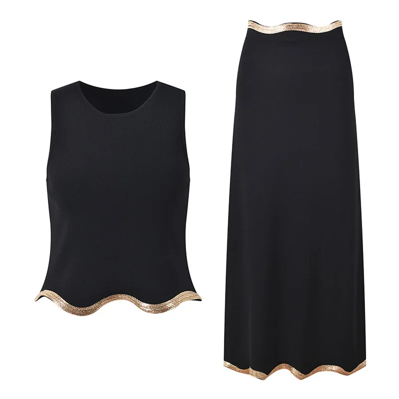 CHUJIE Women's Dress Set 2025 Spring/Summer New Wave Pattern Hot Diamond Black Round Neck Slim Look Sleeveless Top Skirt Set