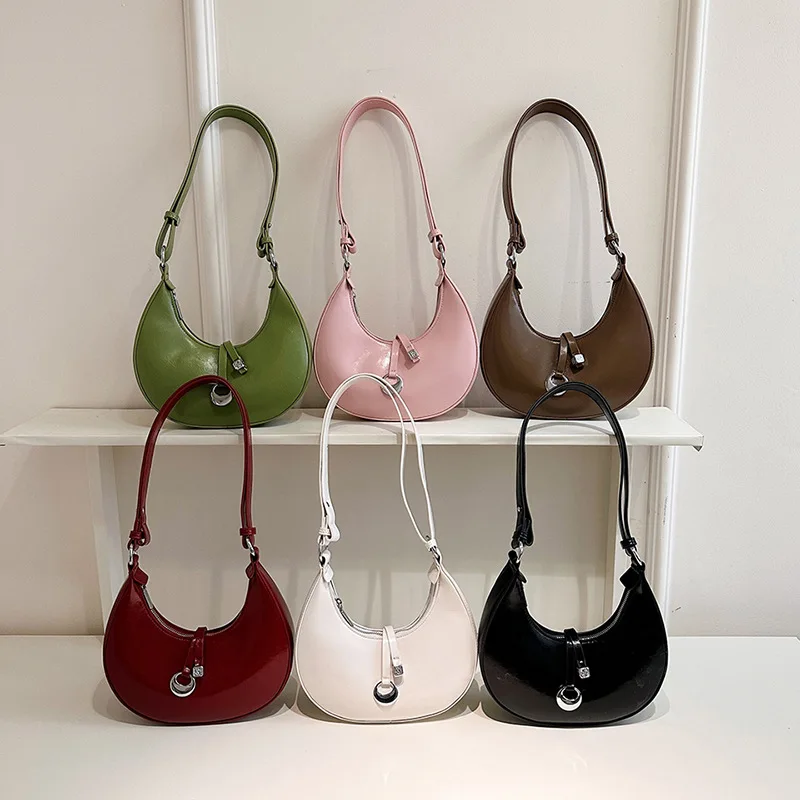 

Сплошная цветная сумка на плечо из синтетической кожи для женщин с подвеской на молнии, сумки в форме полумесяца, французская повседневная модная простая сумка