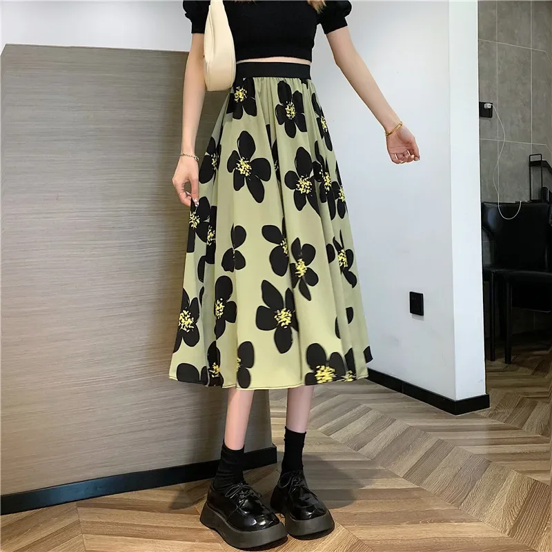 2025 Summer Women's High Waist Slimming Green Flower Skirt A-Line skirt