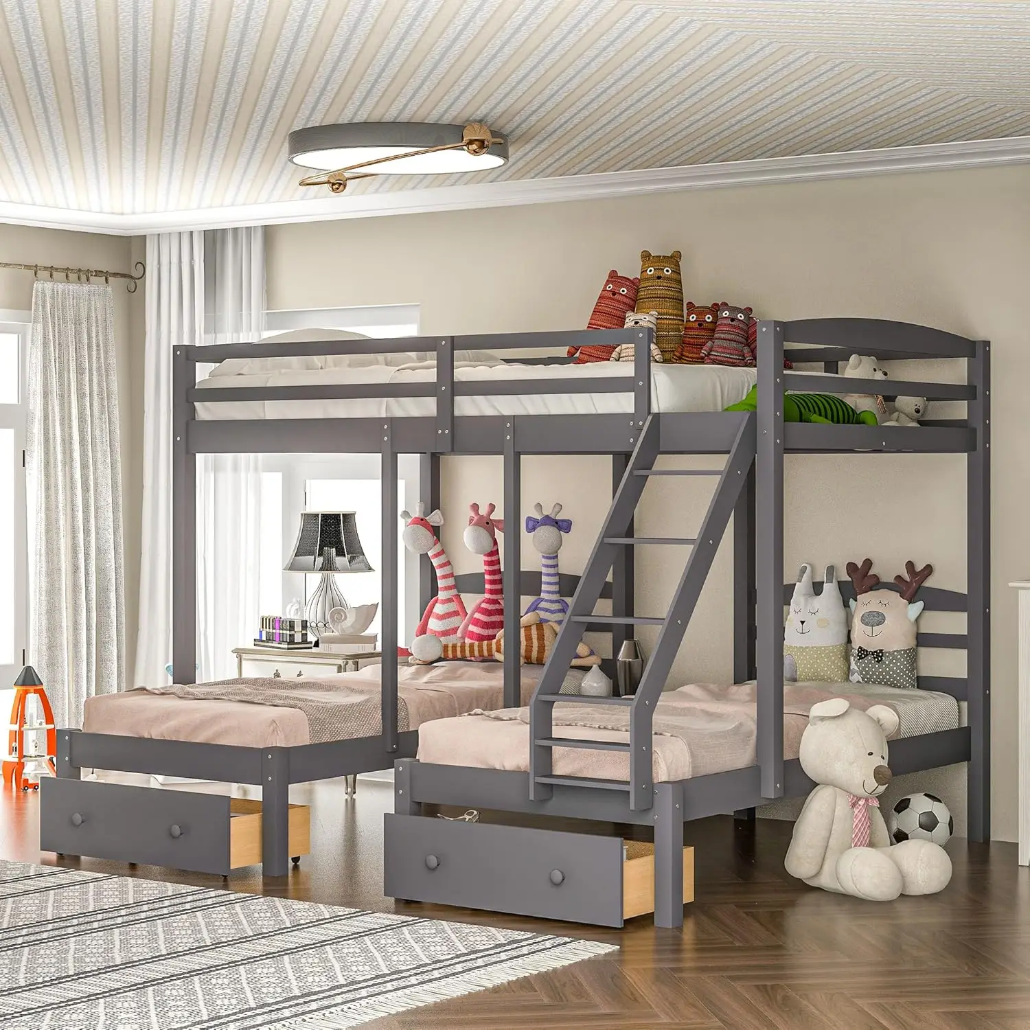 Full over Twin & Twin Bunk Bed,Triple Bunk Bed Frame for Boys Girls Kids Adults Toddler with Drawers, Gray